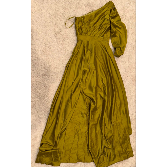 NEW Mac Duggal Ieena High Low One Shoulder Flowy Chartreuse Gown sz 4 - Picture 5 of 5